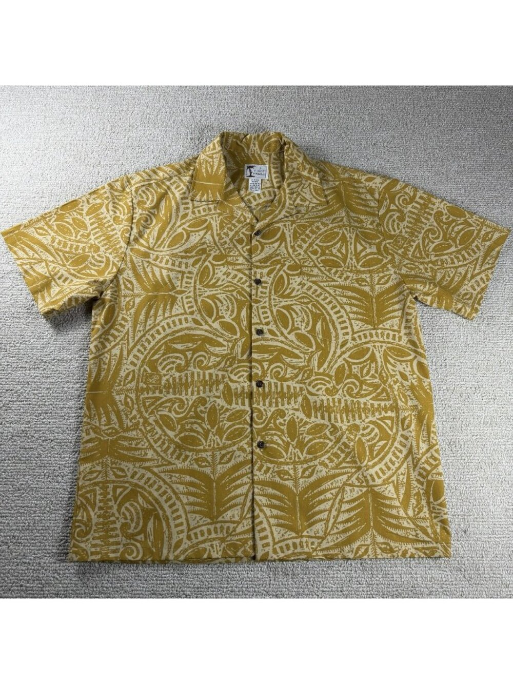 Y Not Hawaii Geographic Button Up Hawaiian Shirt Gold Men’s Size XL Made In USA